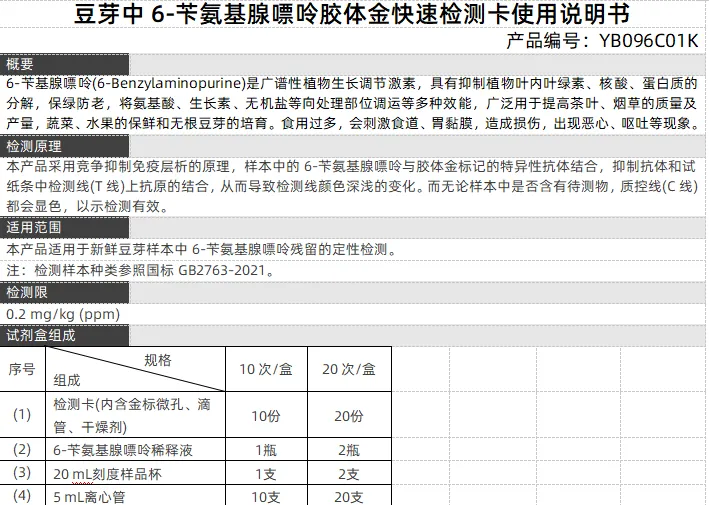 豆芽中6-苄氨基腺嘌呤胶体金快速检测卡使用说明书